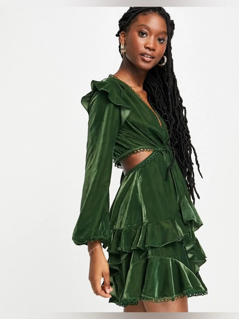 ASOS Emerald Green Velvet Ruffle Romantic Mini Dress Size 4 - Picture 3 of 9